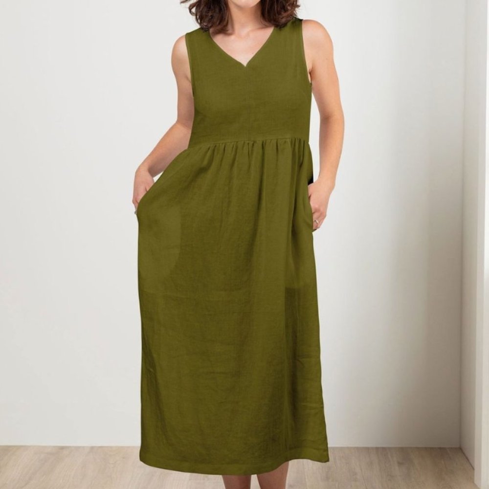 NWOT Pyne & Smith No.21 V Neck Sleeveless Dress in Olive Green Linen